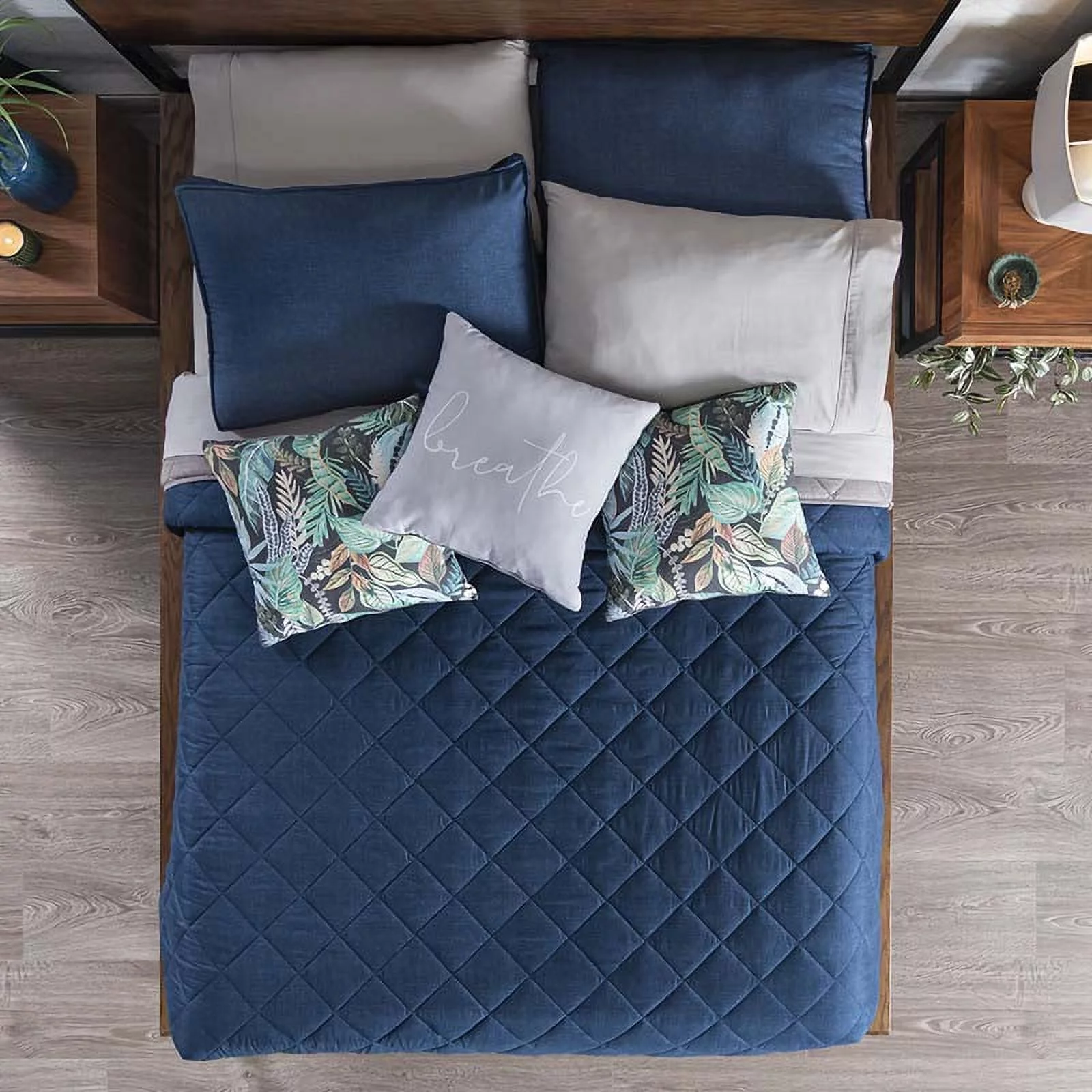 Vianney Adorn Essential 6 Piece Reversible Oversized Blue & Grey Comforter Set with Pillow Covers, King, Cotton, Geometrical square pattern