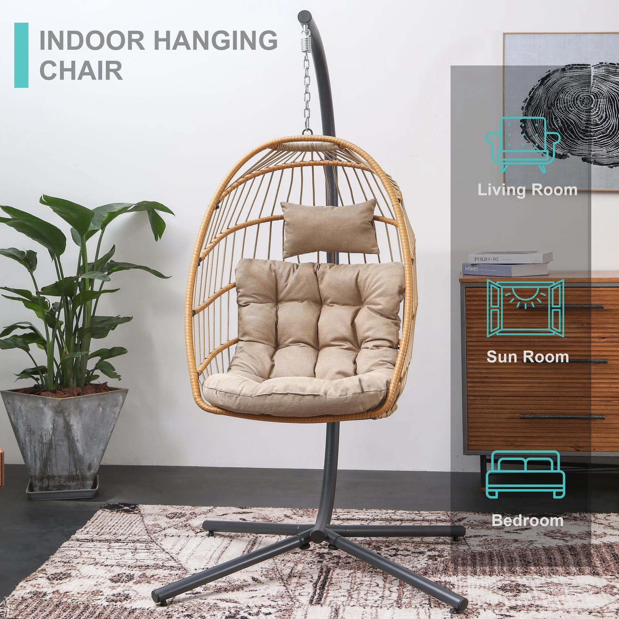 SWITTE Egg Chair with Stand PE Wicker Swing Chair and Beige Cushion