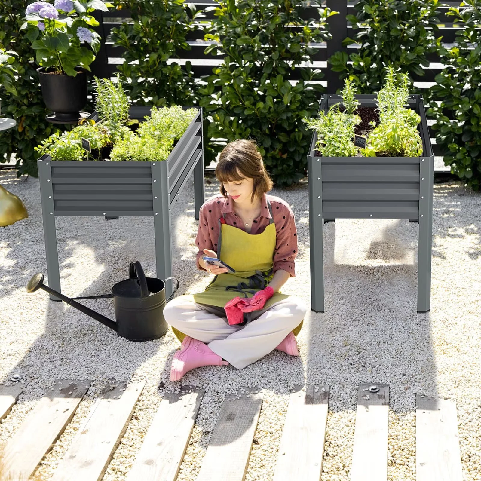 MOPHOTO Raised Garden Bed with Legs, 46×24×32in Metal Galvanized Elevated Raised Planter Box Standing Growing Bed Herb Planter for Gardening, Backyard, Patio, Balcony