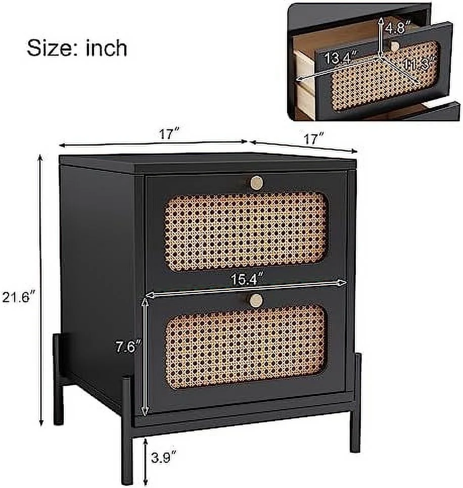 GEROBOOM Nightstand with 2 Drawers Black  Rattan Nightstands for Bedrooms  Wood Bedside Table End Table with Metal Legs