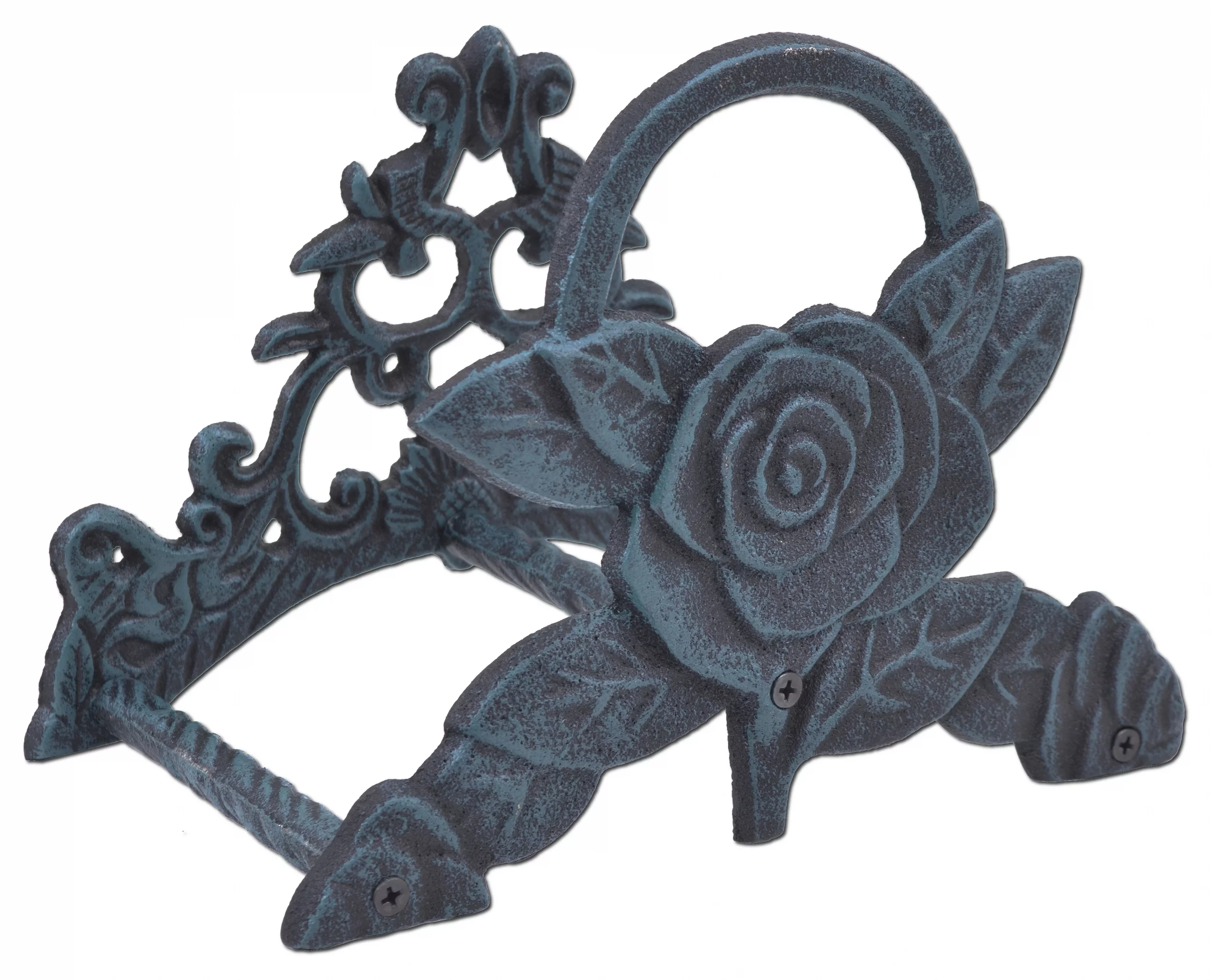 Garden Hose Holder - Rose Flower - Verdigris Cast Iron - 9.5