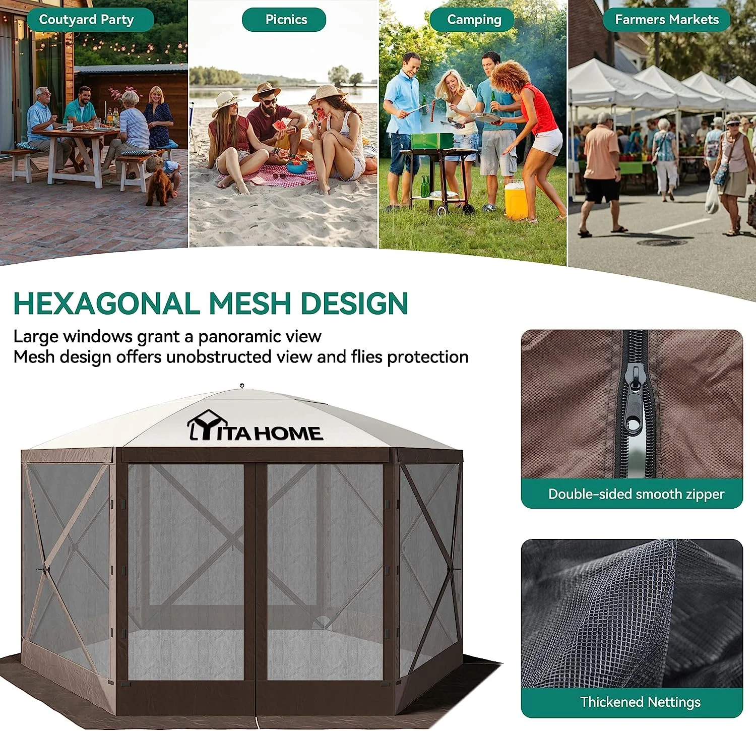 11.5x11.5ft Camping Gazebo, Portable Pop Up Canopy Outdoor Screen Tent 6 Sided with Mesh Windows and Carry Bag for Camping, Picnic, Backyard Party Outside Activities, Brown