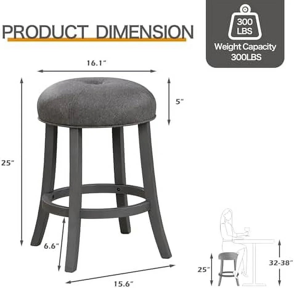 TJUNBOLIFE 24" Counter Height Barstools Set of 4 - Modern Backless  Stools with Round Thick Upholstered Seat & Solid Wood Legs   Chairs for Kitchen Island & Dining Room  Grey