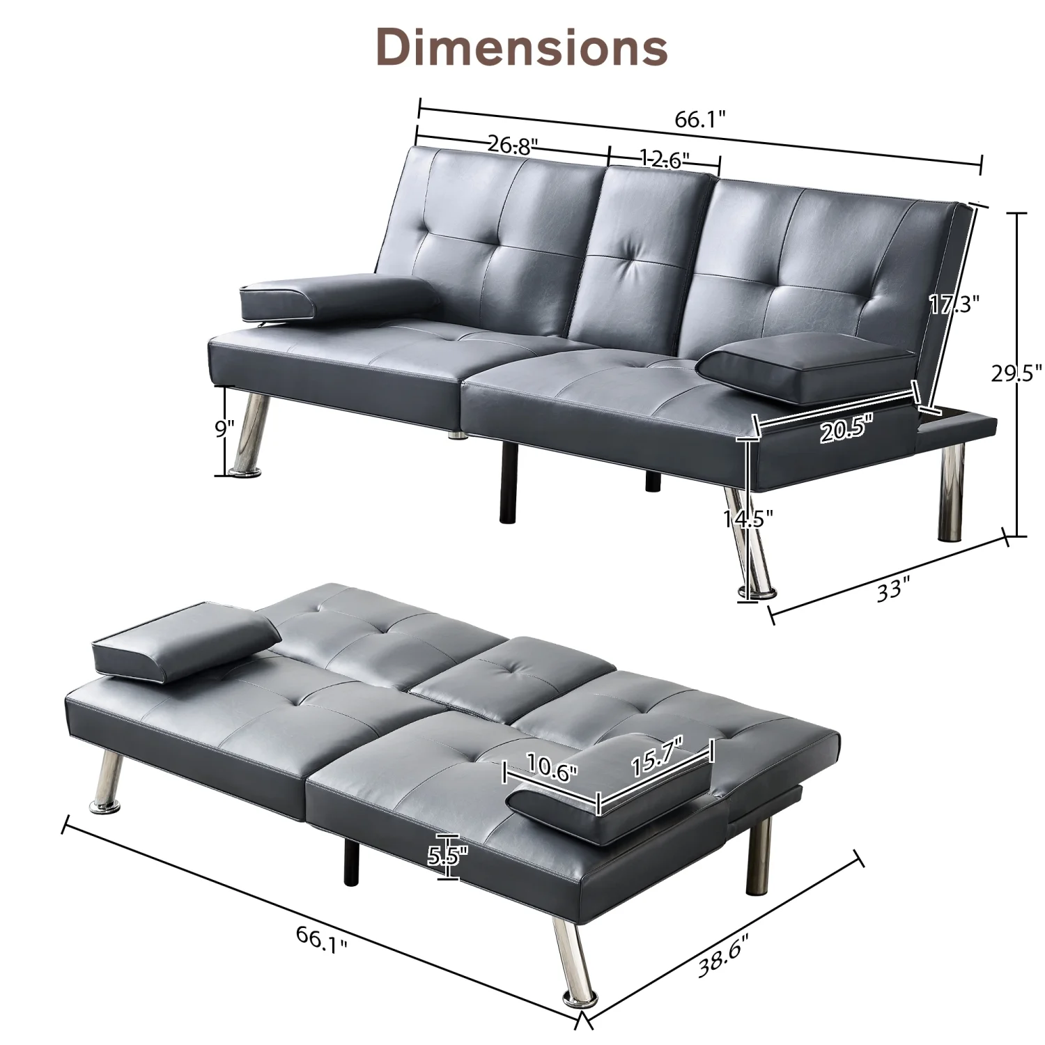 Convertible Sofa Bed Adjustable Couch Sleeper Modern Faux Leather Recliner Reversible Loveseat Folding Daybed Guest Bed  Removable Armrests  Cup Holders  3 Angles    Gray
