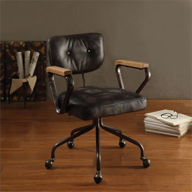 Bowery Hill Leather Swivel Office Chair in Vintage Black