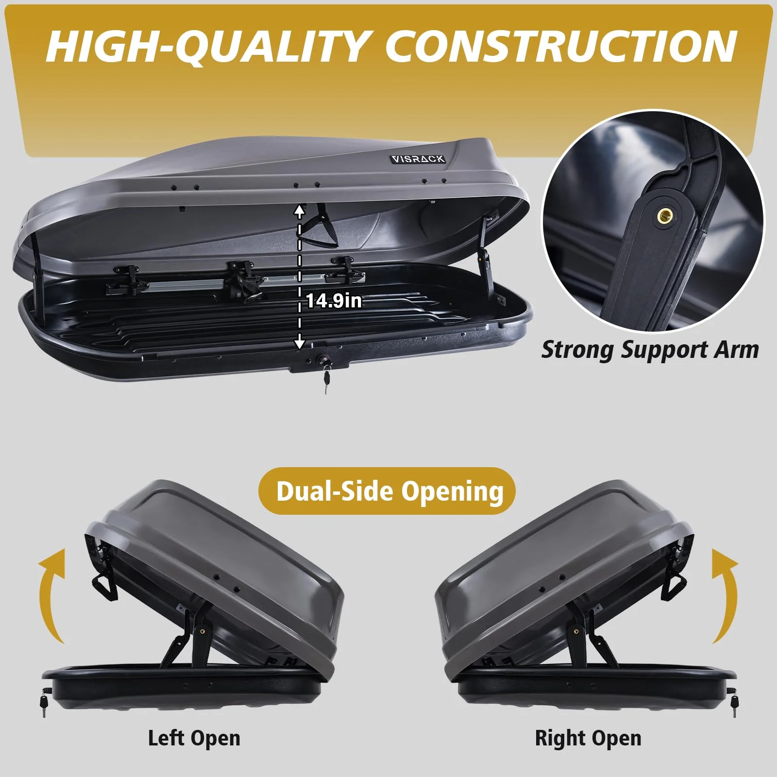 Gxcevsou Large Rooftop Cargo Carrier Box, Heavy Duty Hard Shell Roof with Security Keys, Waterproof Rooftop Cargo Box, 62 (L) x 31 (W) x 15(H) Inches, 14 Cubic Feet (Tool-Free Install), Gray