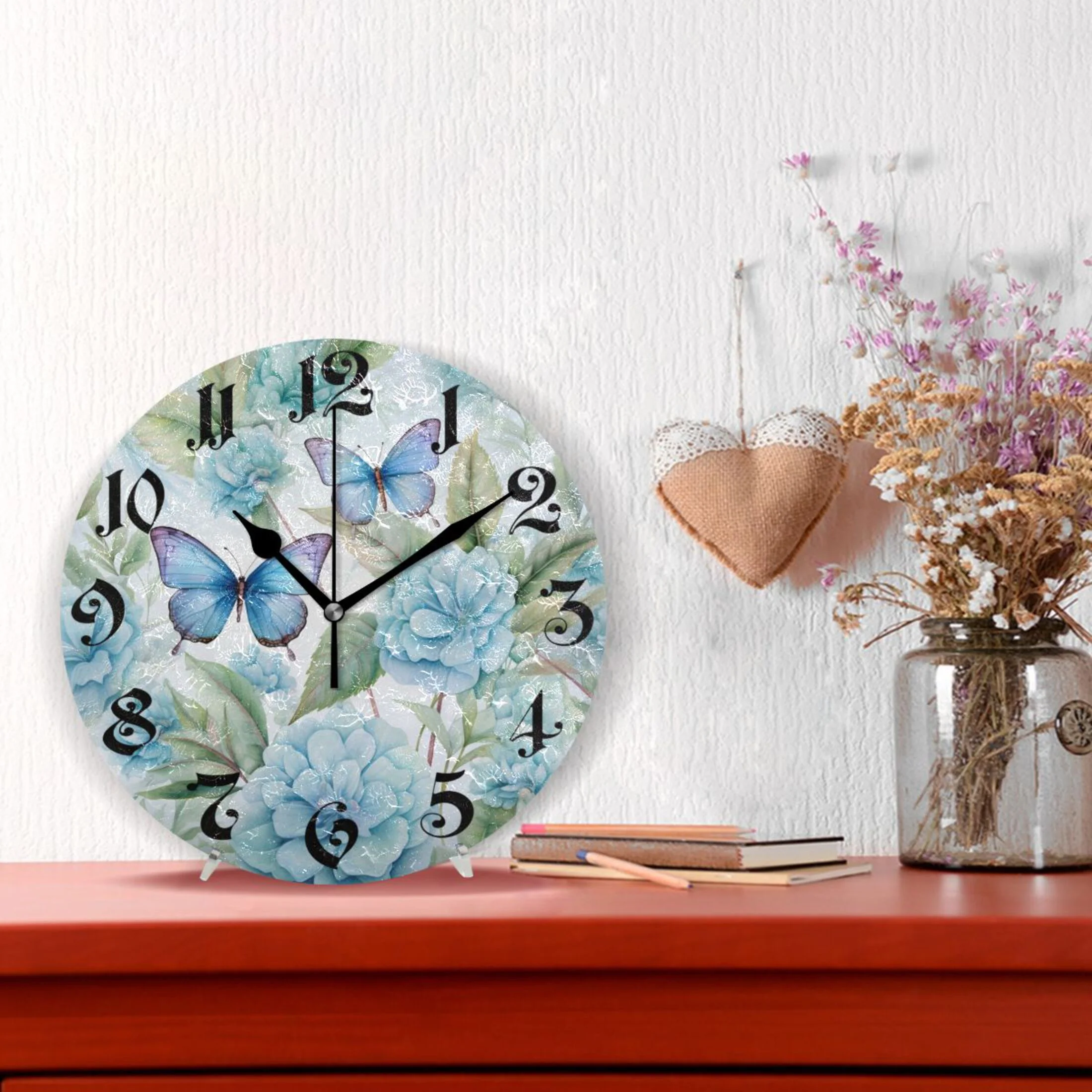 Wall Clock 10 Inch Silent Non-Ticking Butterfly on Flowers Blue Battery Operated Rustic Retro for Living Room Home Kitchen Bathroom
