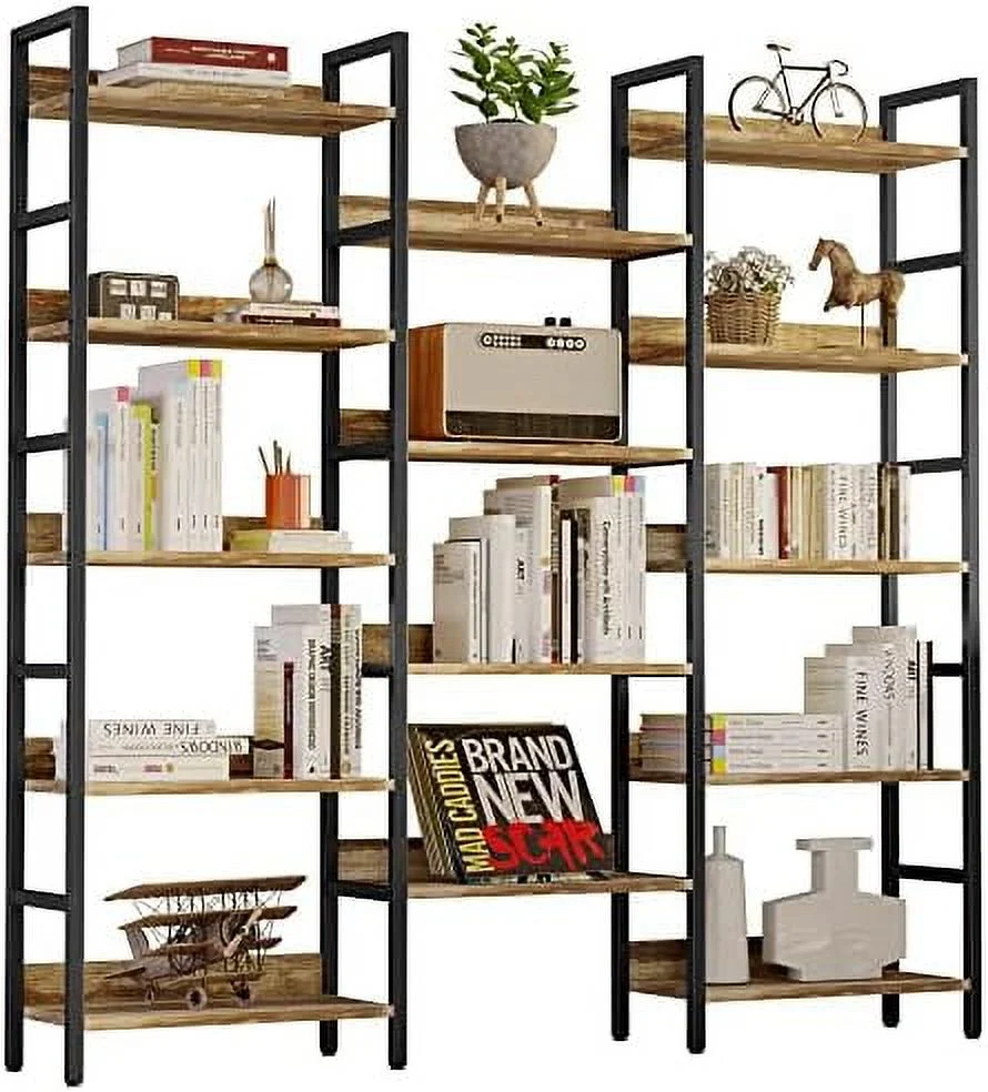 KHBIULIFE and Bookshelves Triple Wide 5 Tiers Industrial Bookshelf with Baffles Large Etagere Bookshelf with Metal Frame for Living Room Home Office