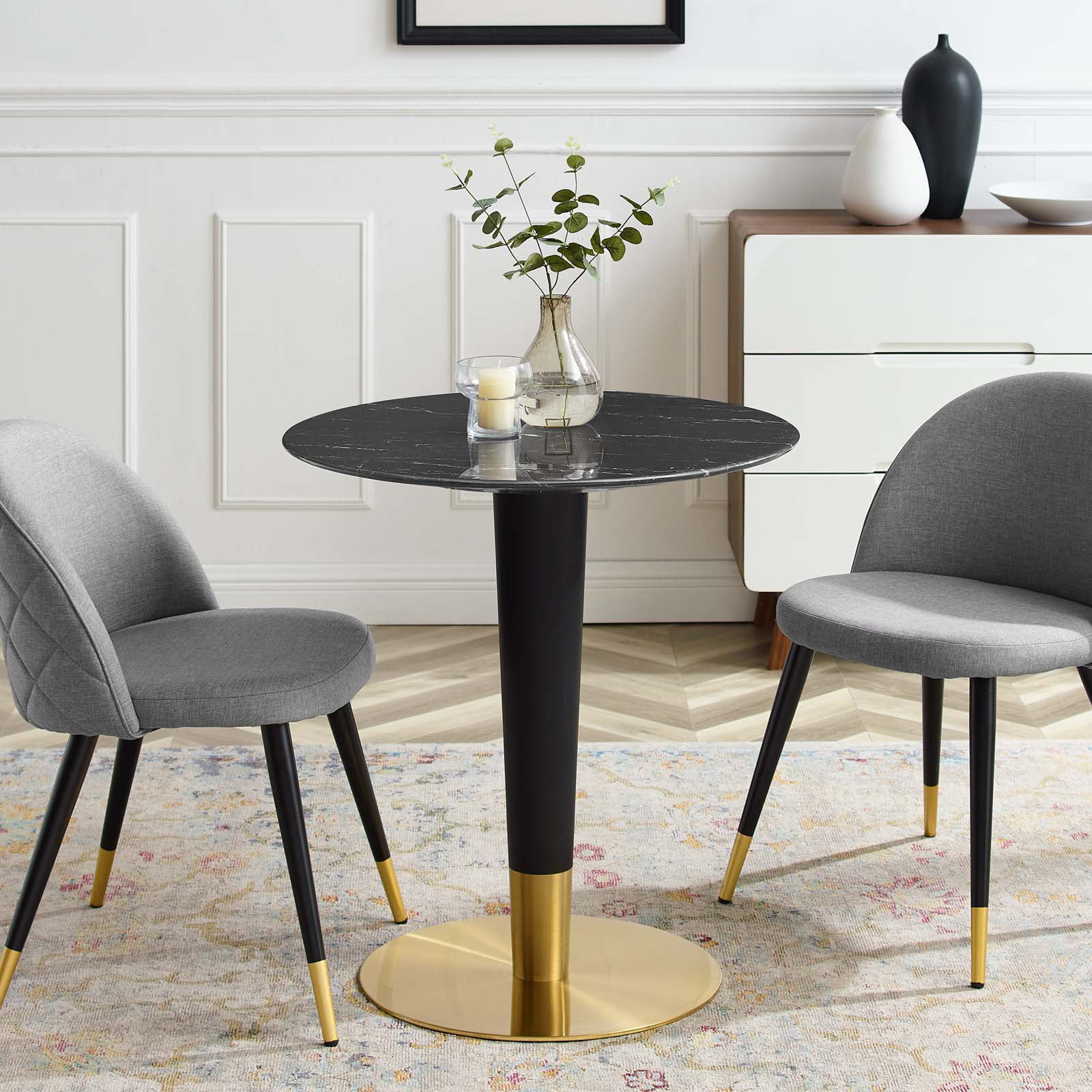 Dining Table, Round, Artificial Marble, Metal Steel, Gold Black, Modern Contemporary Urban Design, Kitchen Room Cafe Bistro Restaurant Hospitality