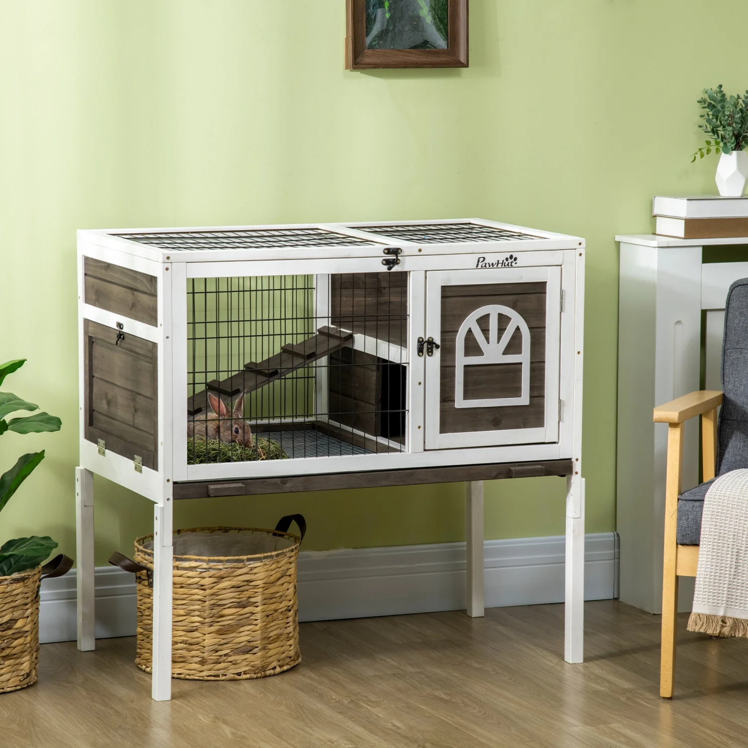 DremFaryoyo PawHut Wooden Rabbit Hutch  Indoor Elevated Guinea Pig Cage with Run  Ladder  Lockable Doors and Removable Tray  Coffee