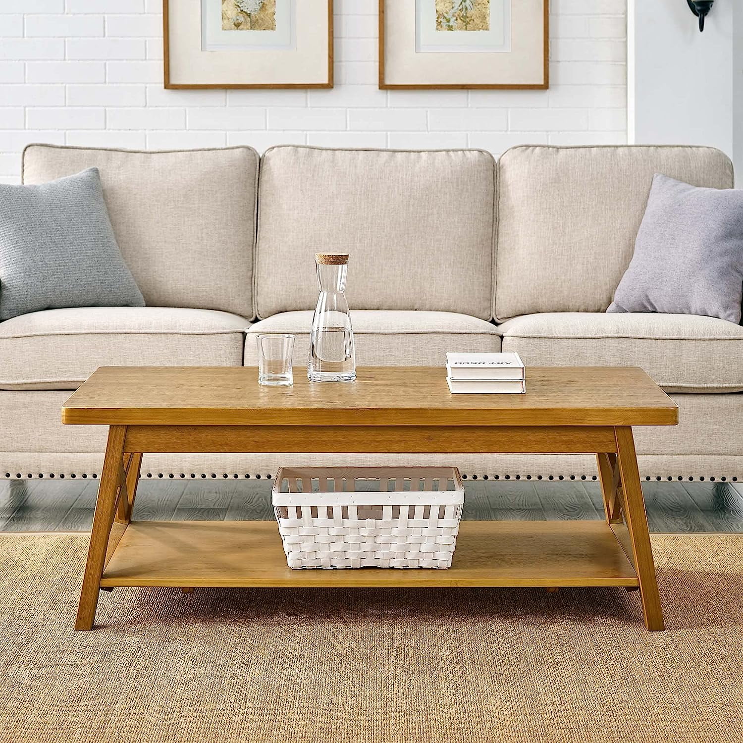 Modern Farmhouse Solid Wood Coffee Table with  Shelf  47" L  Rustic Oak Finish