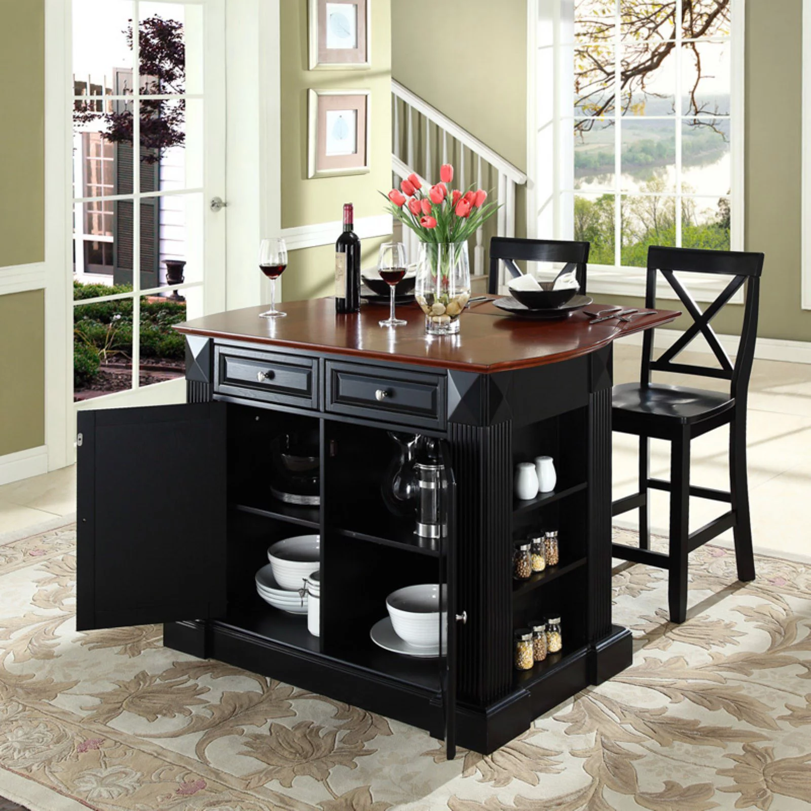 Crosley Coventry Drop Leaf Kitchen Island with X Back Stools in White