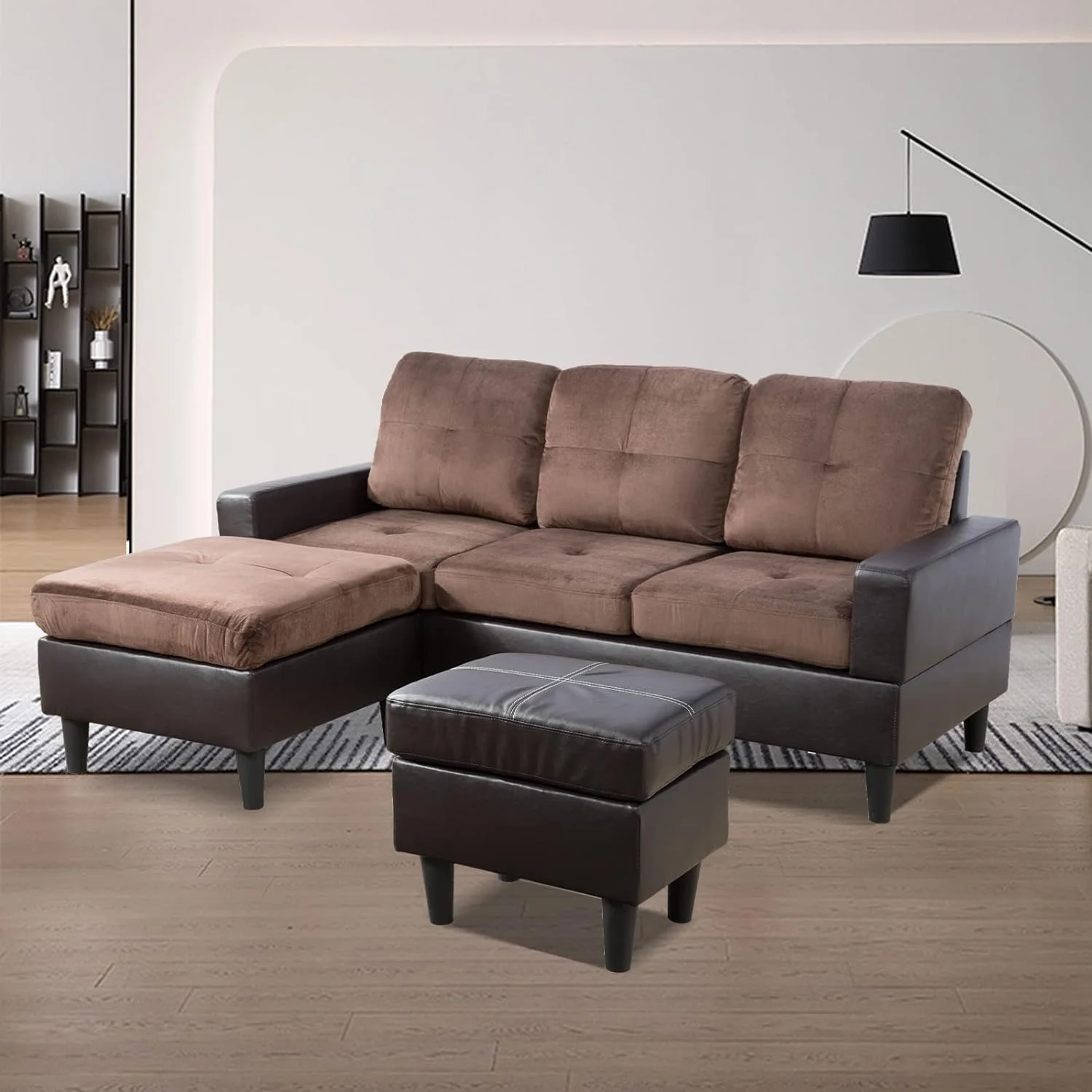 PonLiving Convertible L-Shaped Sectional Sofa with Ottoman, High-Quality Faux Leather, Firm Cushions, Storage Function, A-Brown