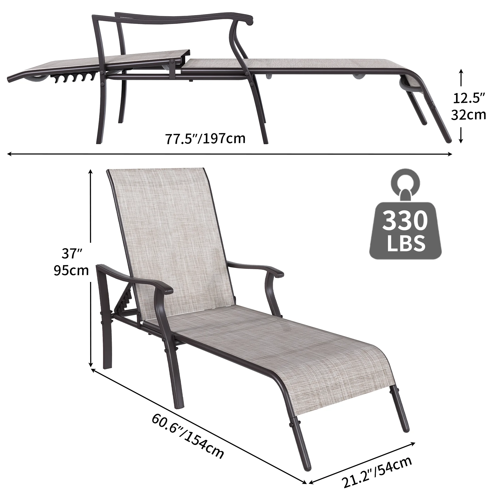 Dextrus 2 Pcs Beige Outdoor Chaise Lounge Chair, Aluminum Patio Lounge Chair with 5 Adjustable Positions