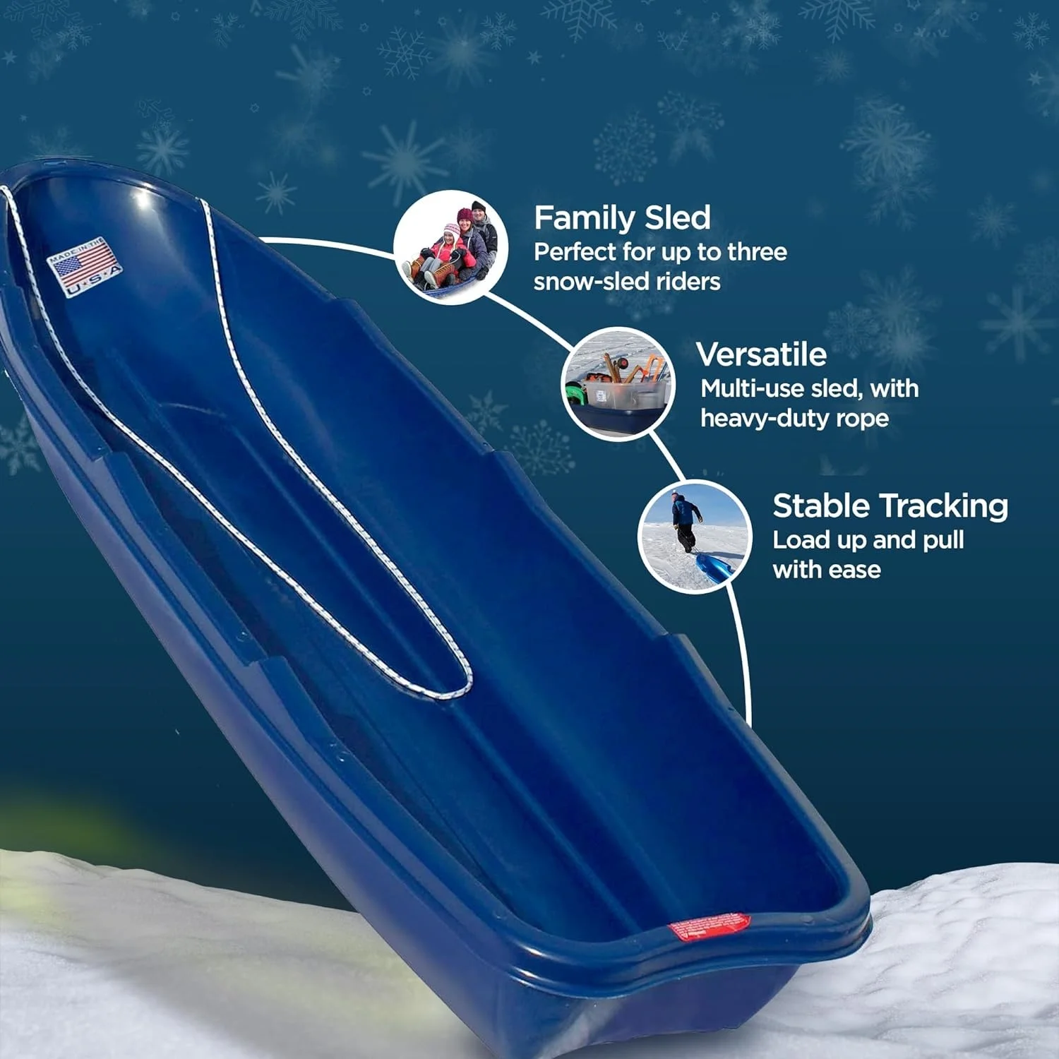 Winter Trek Large Pull Sled for Adults. Plastic Toboggan for Snow Sledding, Ice Fishing, Work, Blue, 66 x 20 x 6 inches