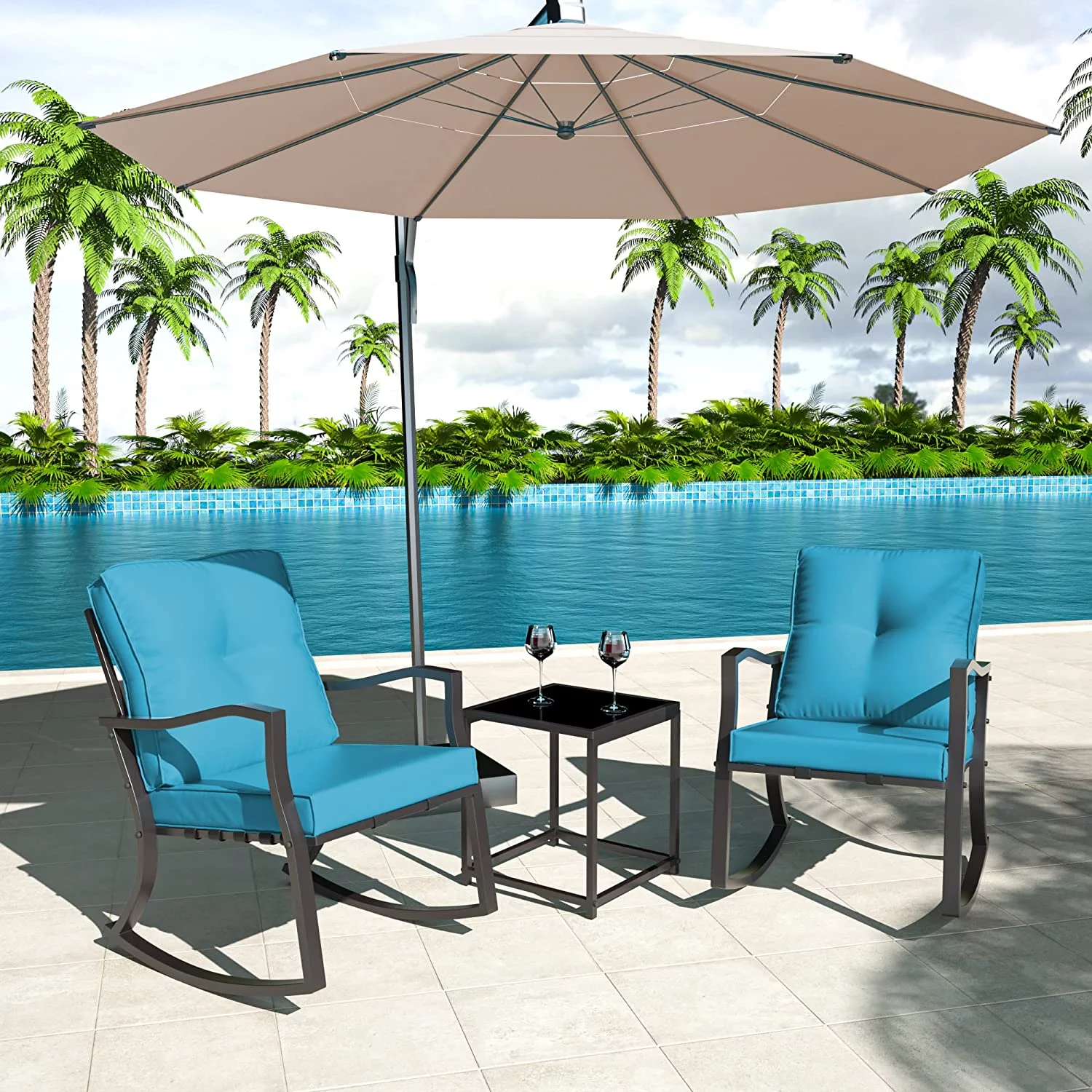 ALAULM 3 Piece Outdoor Rocking Chairs Patio Bistro Sets Modern Patio Furniture Set Conversation Sets with Coffee Table & 2 Blue Thickened Cushions