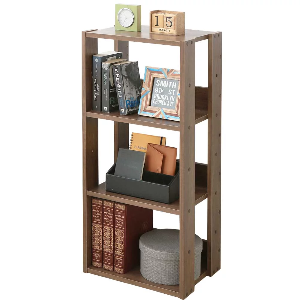IRIS USA 3 Tier Height Adjustable Wooden Bookshelf, Simple Narrow Bookcase, Natural Shelving, Dark Oak