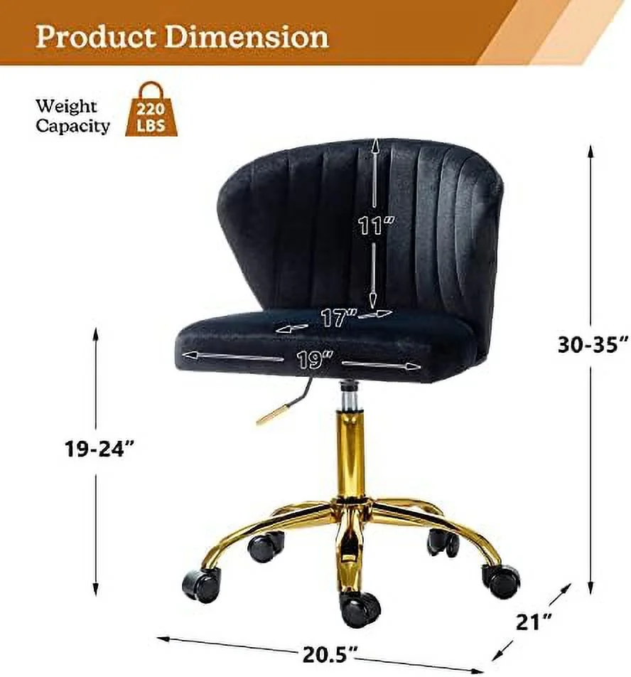 TINA' Office Desk Chairs with Wheels & Gold Base  JOMA Velvet Cute Armless Office Chair  Adjustable Low Back Swivel Rolling Chair  Upholstered Task Chair for Living Room Vanity St