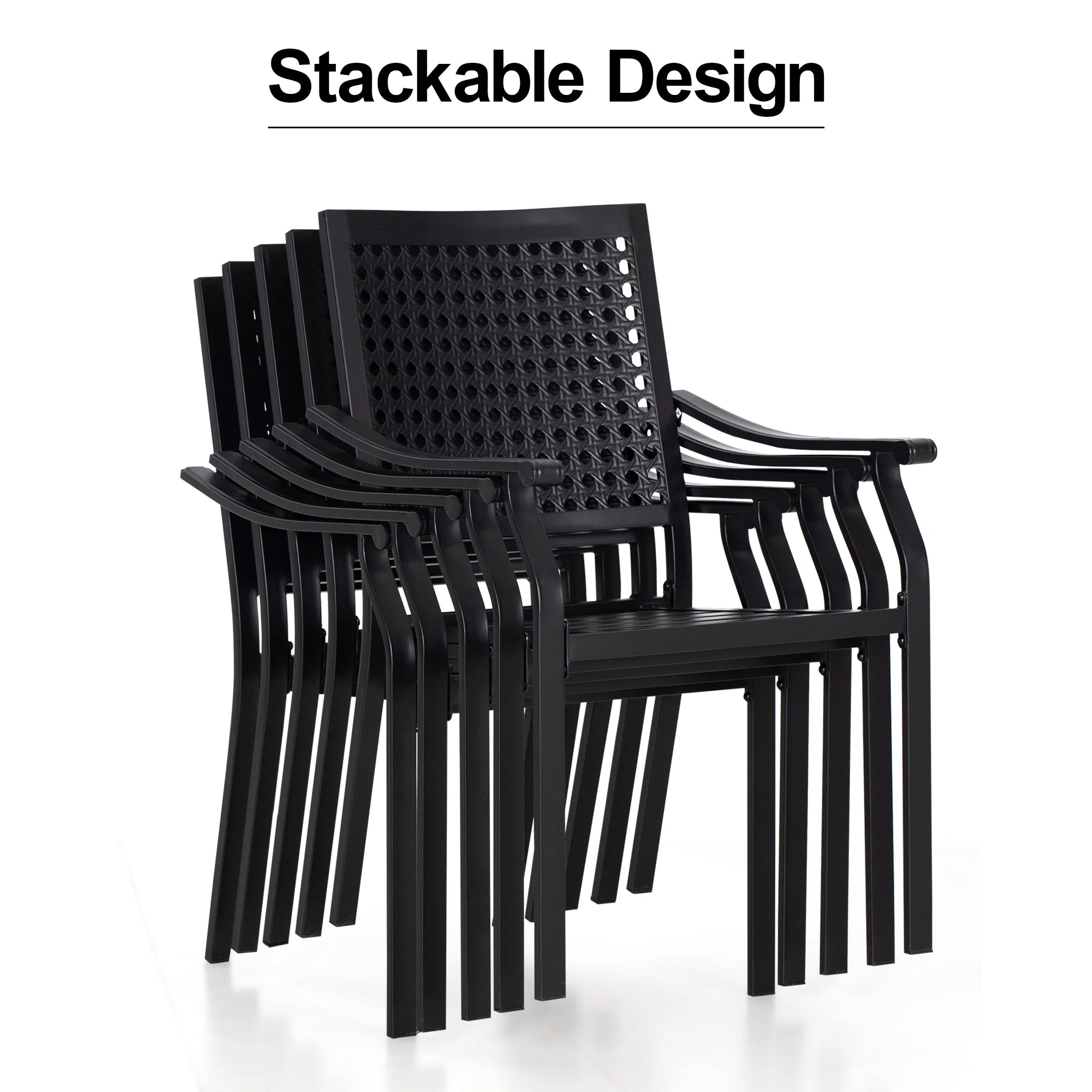 MF Studio 8-Piece Outdoor Patio Dining Set with 13 FT Double-sided Umbrella, 6 PCS Stacking Armchairs&1 PC Large Table for Dinner&Party, Black&Beige