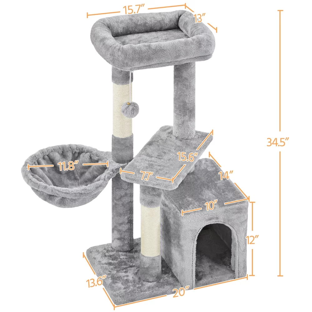 Topeakmart 34.5 in Cat Tree Condo Scratching Post Tower with Basket, Light Gray