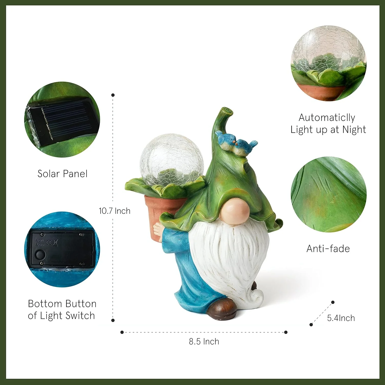 Solar Powered Gnome Garden Statue, 10.7-Inch Resin Gnome Carrying Solar Energy, Magic Sphere With Led Lights, Outdoor Sculpture On Courtyard Lawn Porch, Resin Crafts