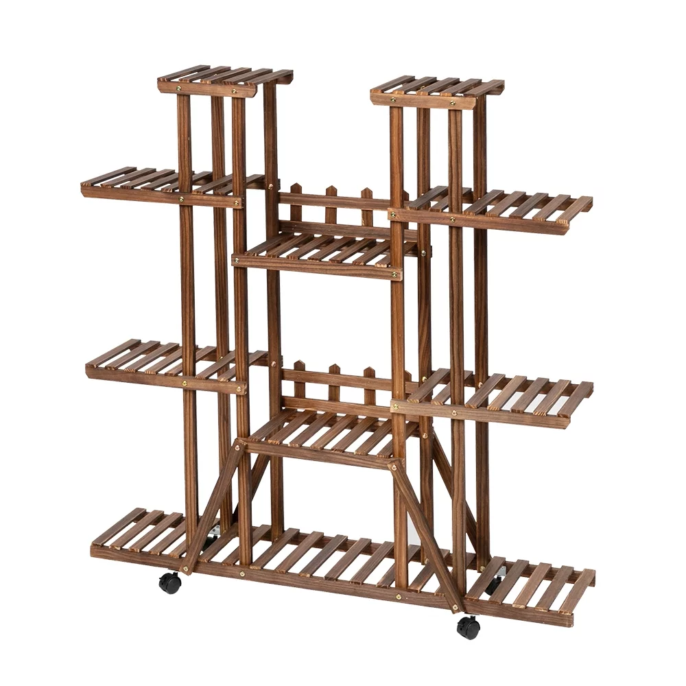 Rolling Plant Stand Shelf Indoor - 6 Tier Wood Plant Pots Shelves Tiered Flower Rack Holder Stand with Detachable Wheels for Multiple Plants Outdoor Garden Balcony Patio Living Room