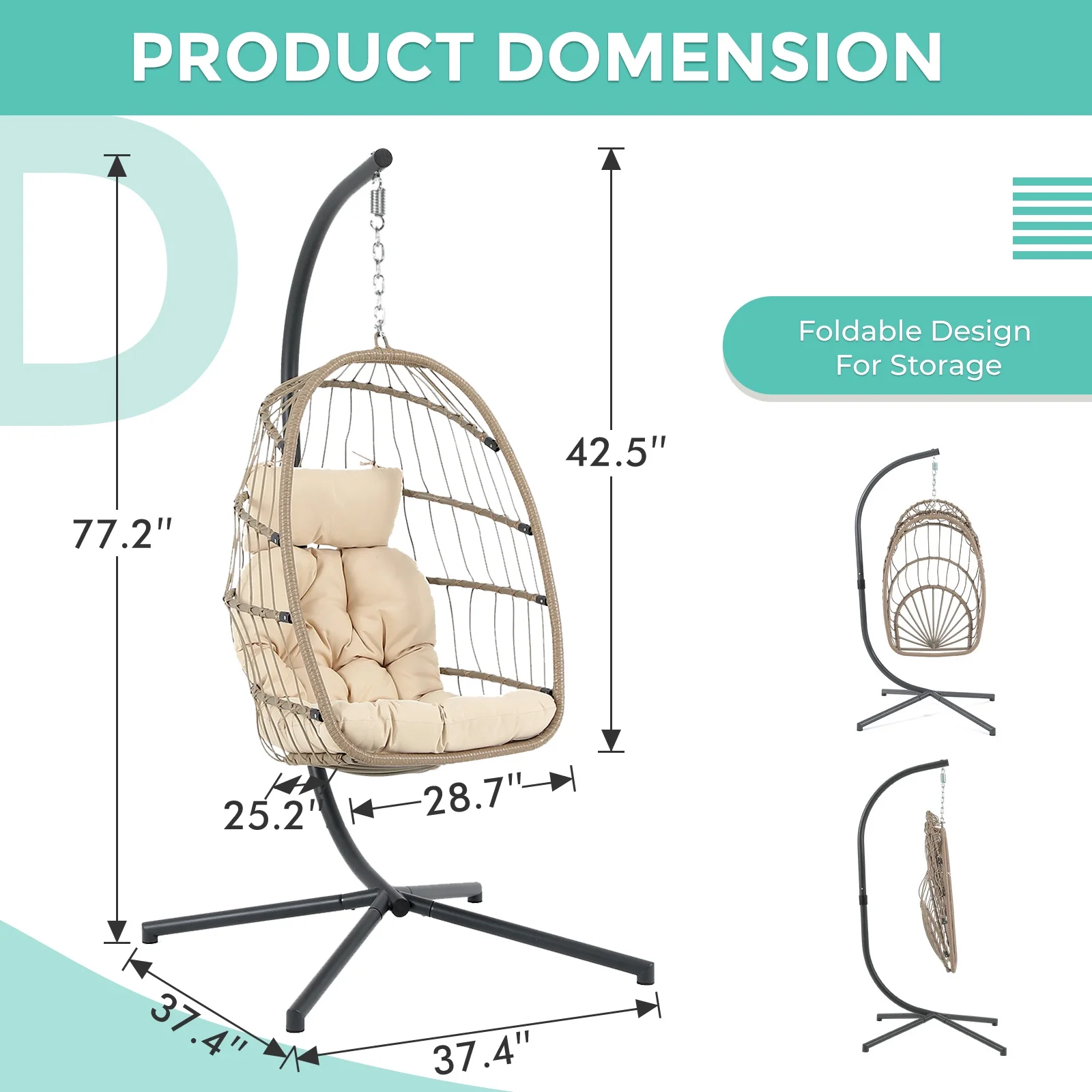 Foldable Wicker Egg Swing Chair and Weather Cover, Outdoor Patio Hanging Chairs with Stand, Wicker Rattan Basket with Cushion for Bedroom, Patio, Porch,Beige