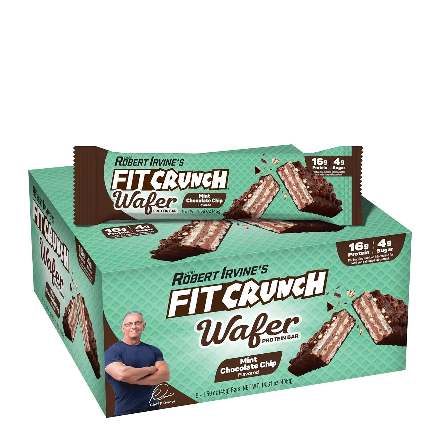 Fit Crunch Wafer Protein Bars, Designed by Robert Irvine, 16g of Protein & 4g of Sugar (9 Bars, Mint Chocolate Chip)