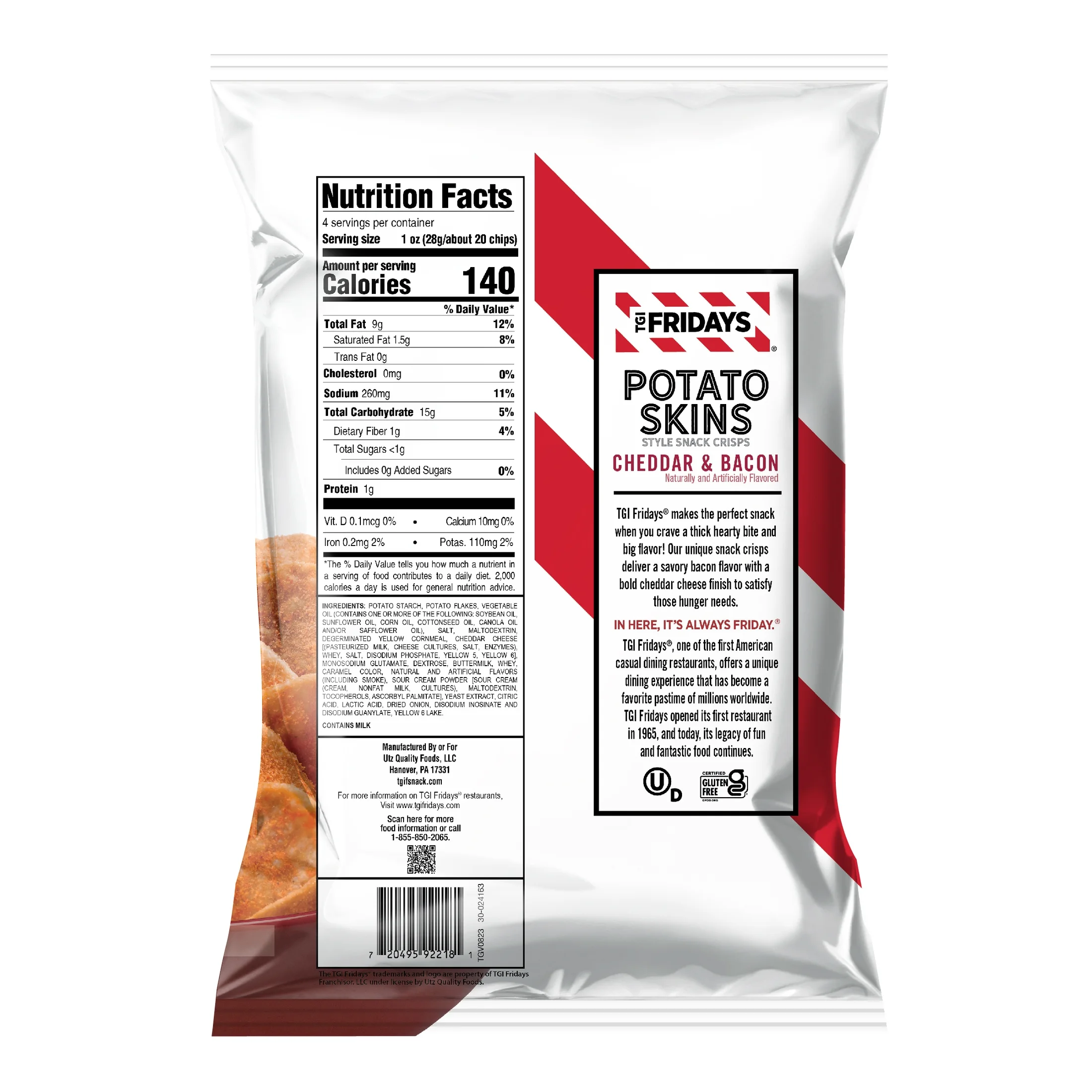 TGI Fridays Cheddar & Bacon Potato Skins Style Snack Crips, Gluten-Free, 4 oz Bag