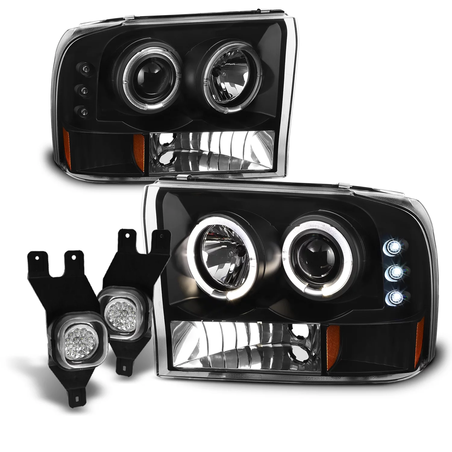 AKKON - For Ford F-Series SuperDuty Black Bezel Dual Halo Projector Headlights Replacement + Fog light Set