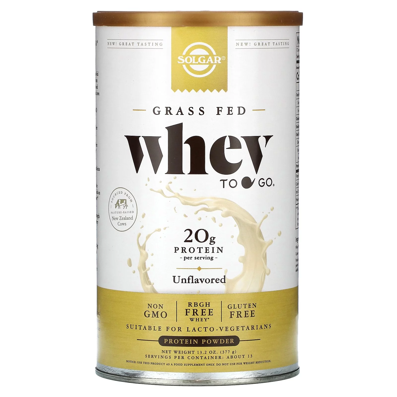 Solgar Grass Fed Whey to Go Protein Powder, Unflavored, 13.2 oz