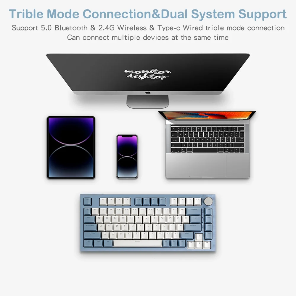 RECCAZR KW75S Wireless Mechanical Keyboard USB-C Wired/Bluetooth/2.4GHz Gaming Keyboard 81 Keys Gasket Mounted with Knob, RGB Backlight Hot-Swappable OUTEMU Blue Switch(Blue White)