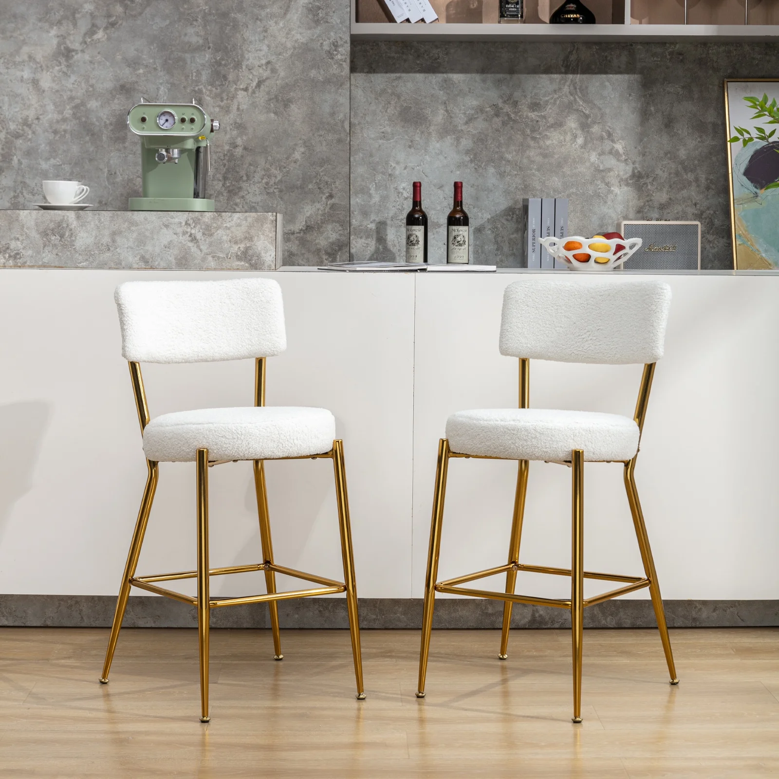 ZAFLY 24”Counter Height Bar Stools, Teddy Fleece Velvet Dinning Chair with Metal Legs for Kitchen Island - White, Set of 2