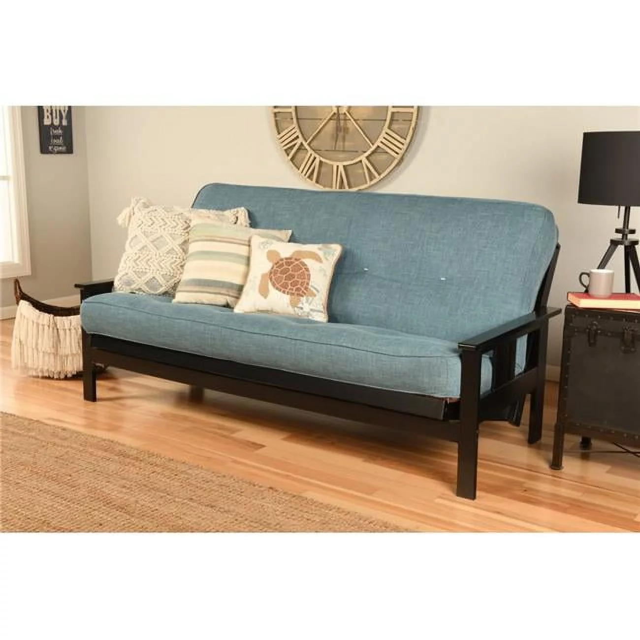 Kodiak KFMOBKLAQULF5MD3 Monterey Black Futon Frame with Linen Aqua Mattress - Full Size