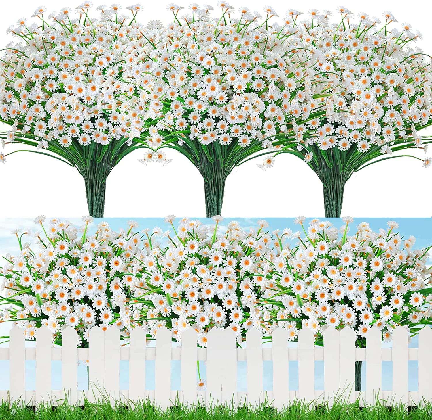 Morttic 8 Bundles Artificial Daisies Flowers Outdoor Spring UV Resistant Fake Greenery Plastic Bushes Faux Shrubs Planter for Garden Window Box Hanging Plants Porch Indoor Outside Decor (White)