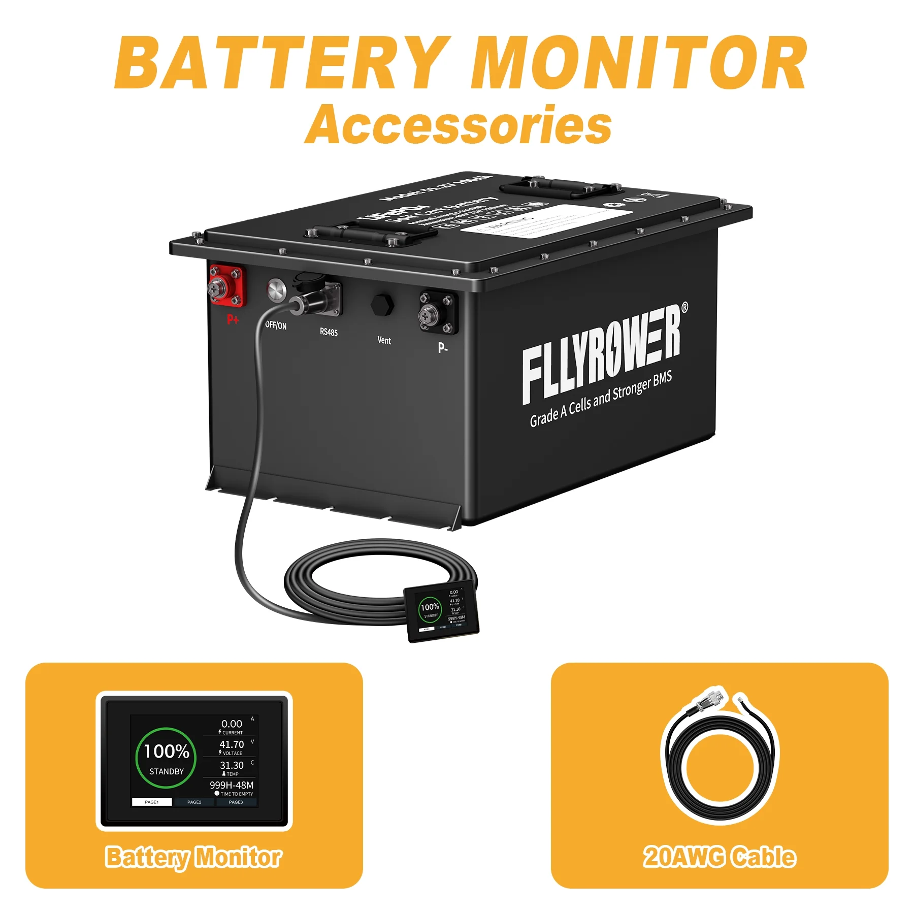 FLLYROWER Lifepo4 48V 100AH Golf Cart Battery with 200A BMS high Current Continuous Operation Grade A Cells 10000+ Deep Cycles Include Battery Monitor