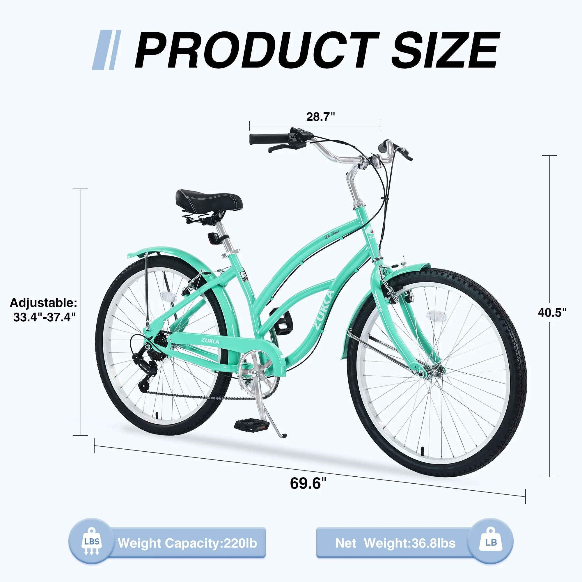 Beach Cruiser Bike, Men and Women, 18-Inch Steel Frame, 26-Inch Wheels, 7-Speed Twist Shifters, Mint Green