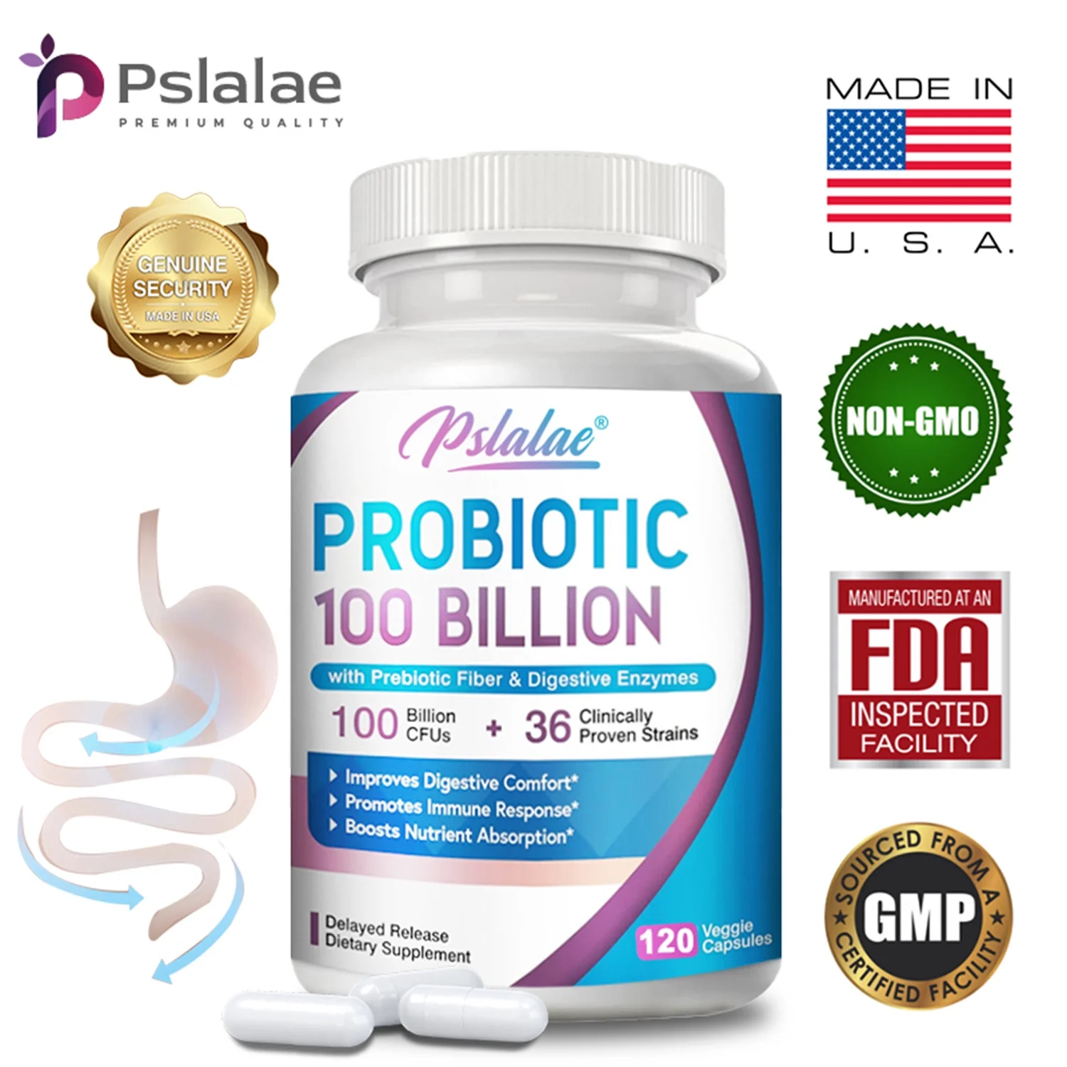 Pslalae Probiotic 100 Billion - Gut Health, Relieve Gas and Bloating - with Prebiotic (30/60/120pcs)