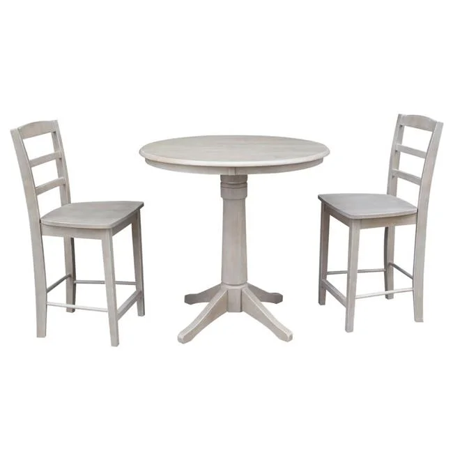 36 x 36 in. Round Top Solid Wood Pedestal Counter Height Table & 2 Madrid Stools Washed Gray Taupe - Set of 3