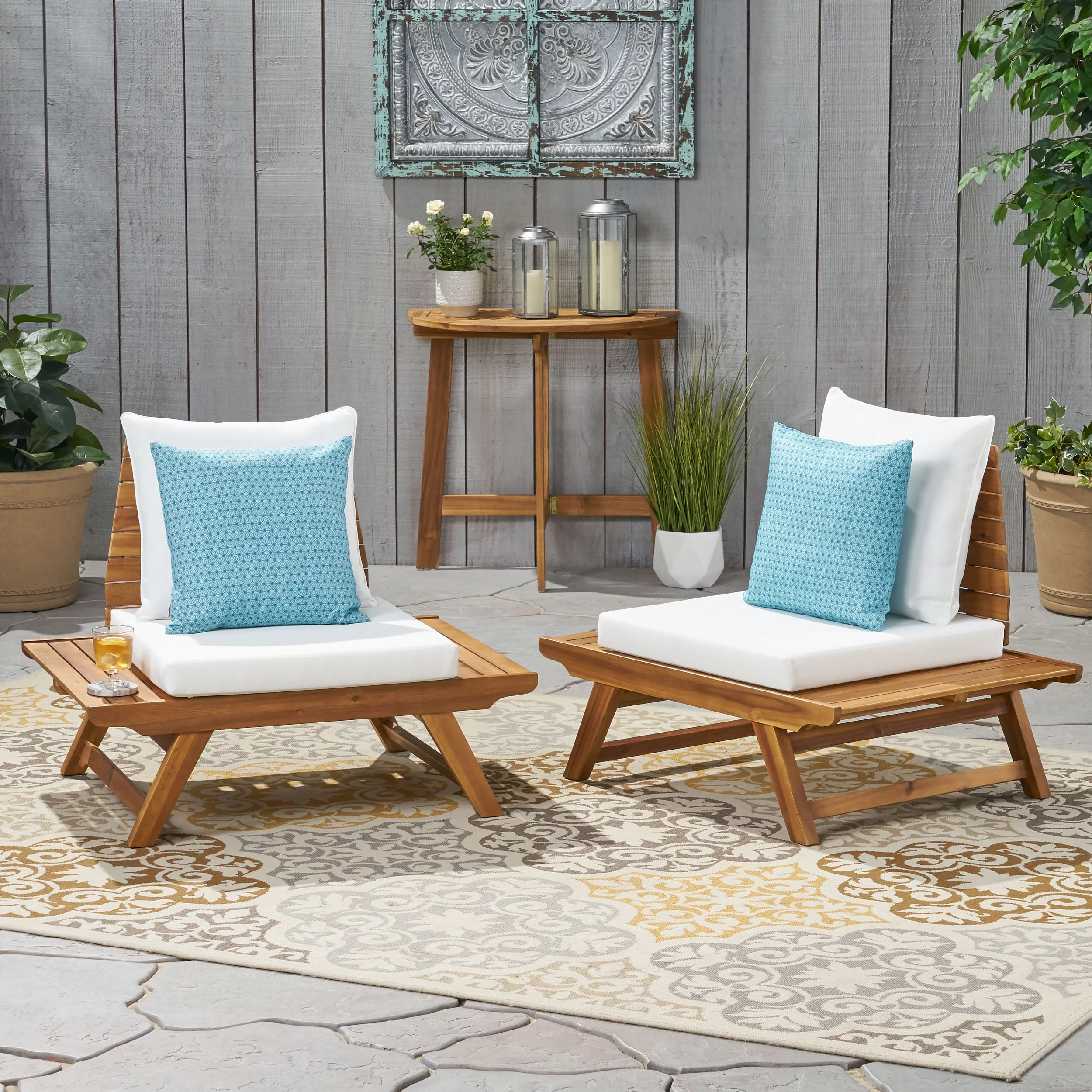 GDF Studio Bowie Outdoor Acacia Wood Club Chairs with Cushions, Set of 2, White and Teak