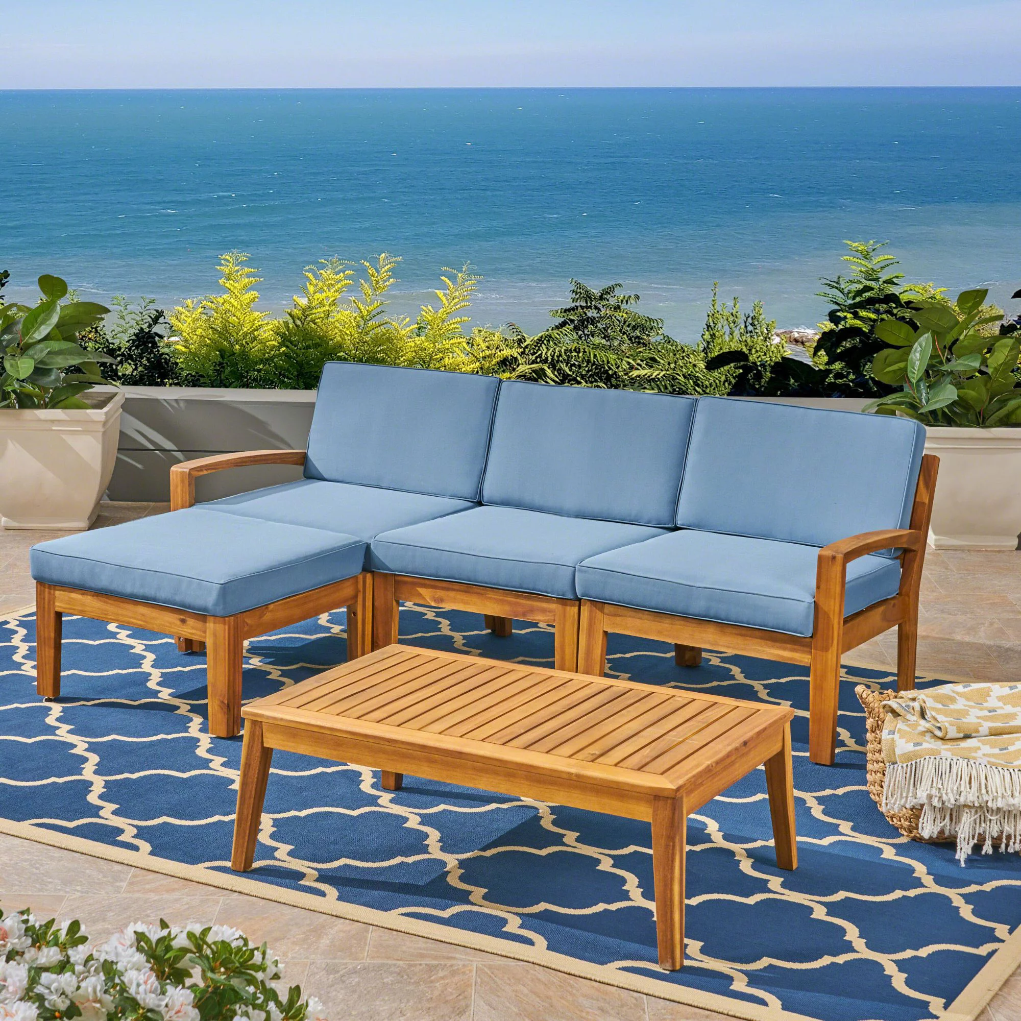 5pc Brown and Blue Outdoor Patio Conversation Set with Cushions 39.5