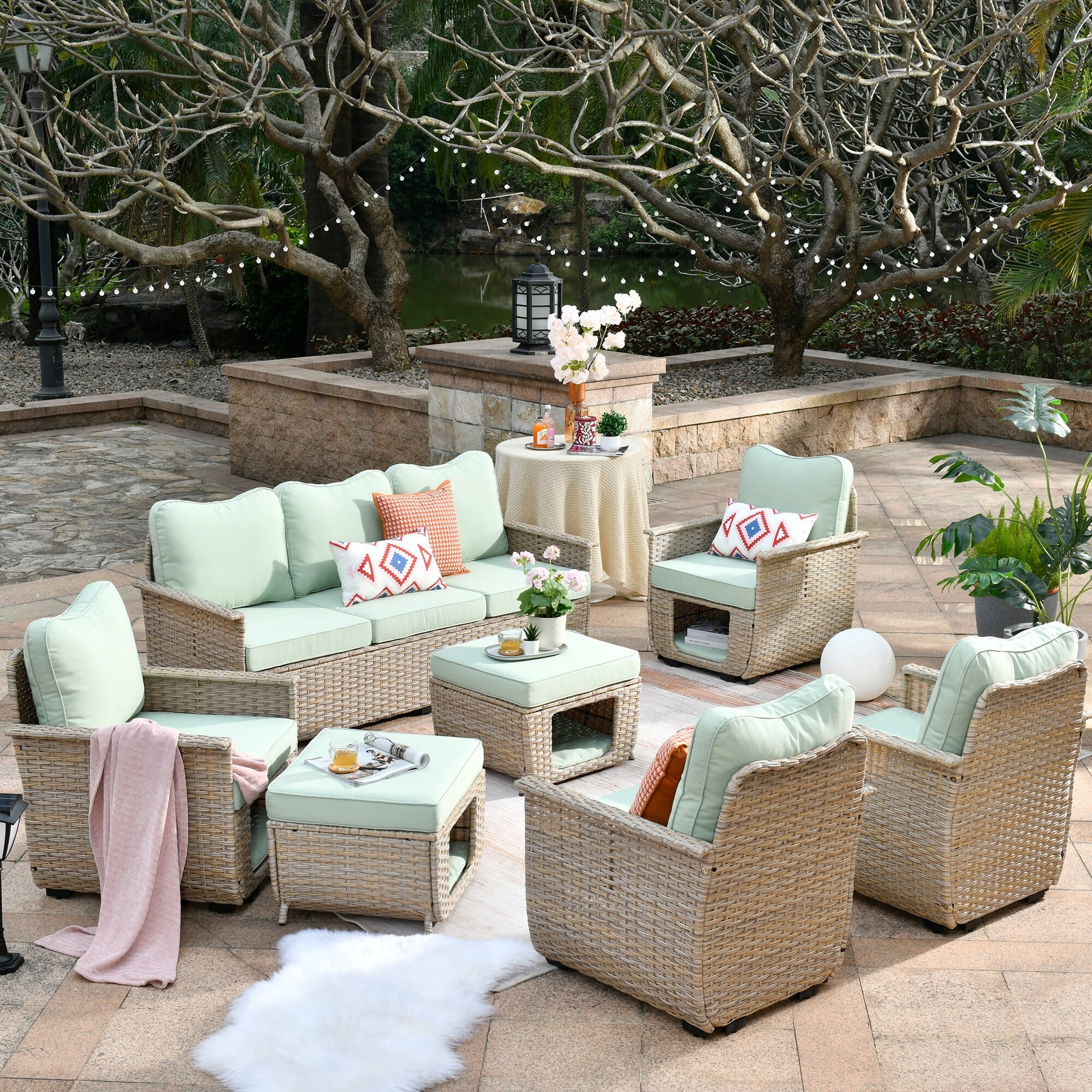 OVIOS  7-piece Patio Pet-Friendly Wicker Multi-function Furniture Light Grey