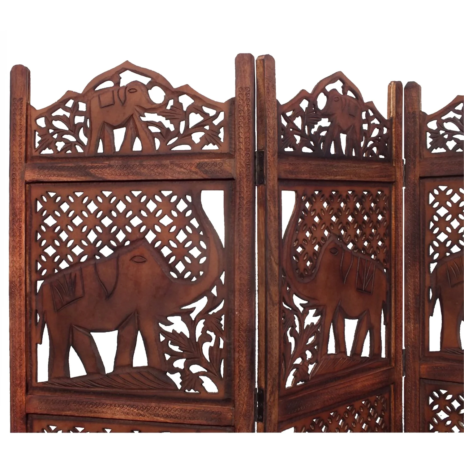Maykoosh Hollywood Regency Hand Carved Elephant Design Foldable 4 Panel Wooden Room Divider, Brown