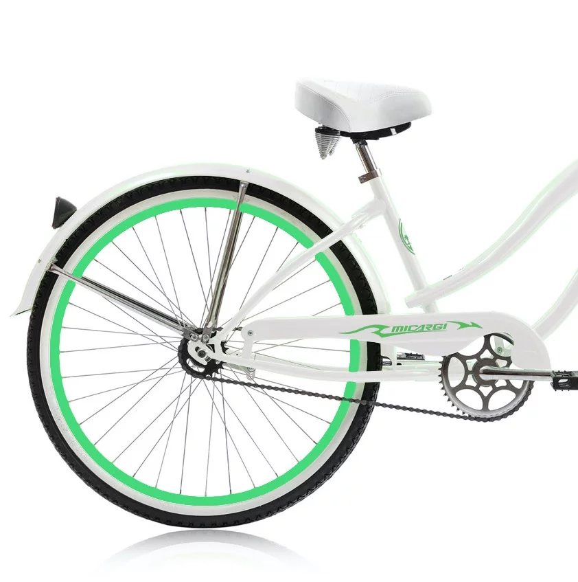 Wonder Wheels 26 In. Beach Cruiser Coaster Brake Single Speed Bicycle, Bike, Stainless Steel Spokes One Piece Crank Alloy Rims 36 H With Fenders - White