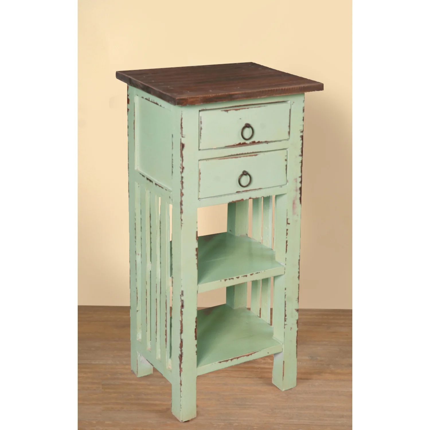 HomeStock End Table With Drawers And Shelves , Bahama Blue/Raftwood Brown Solid Wood , Fully Assembled Narrow Display Shelves