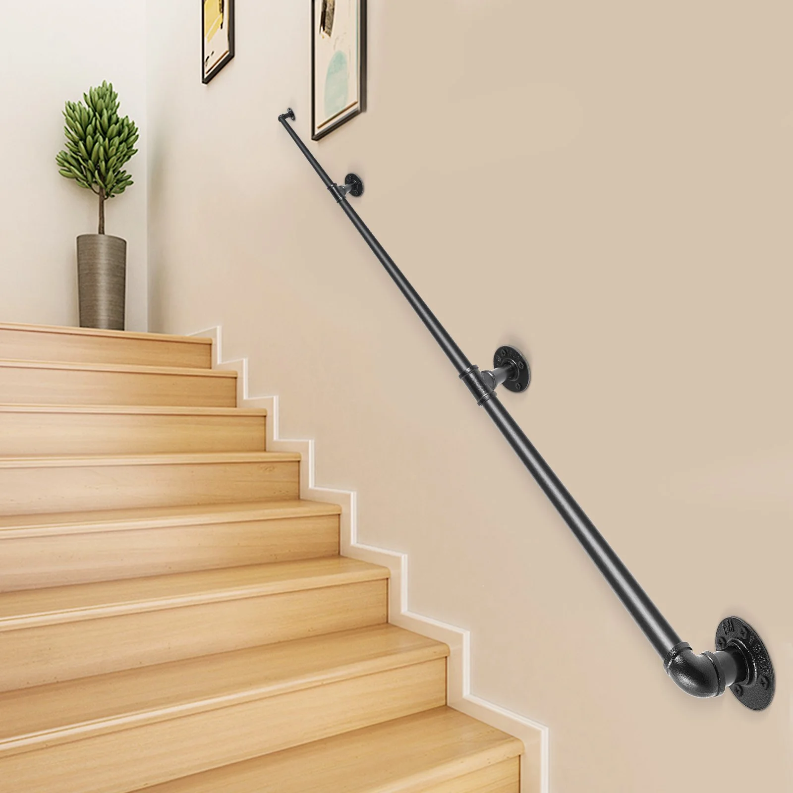 VEVOR 11FT Industrial Carbon Steel Pipe Stair Handrail with Wall Mount Support, 440LBS Load Capacity, Round Corner Design for Indoor and Outdoor Use
