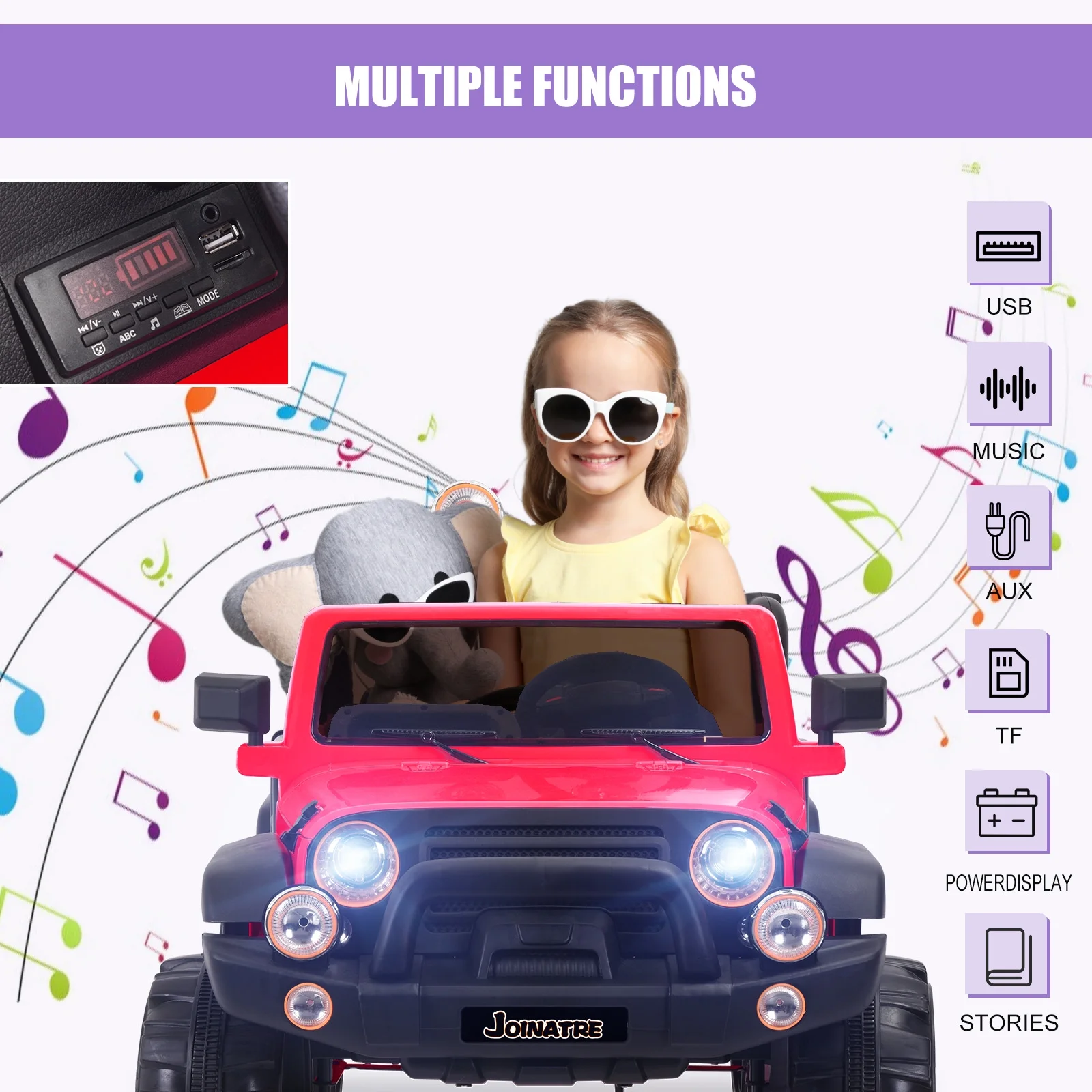 JOINATRE 24V 2 Seater Kids Ride On Truck with Car Cover, 4WD Battery Powered Electric Car with Remote Control, 3 Speed, Soft Braking, LED Lights, Music, Spring Suspension, Red