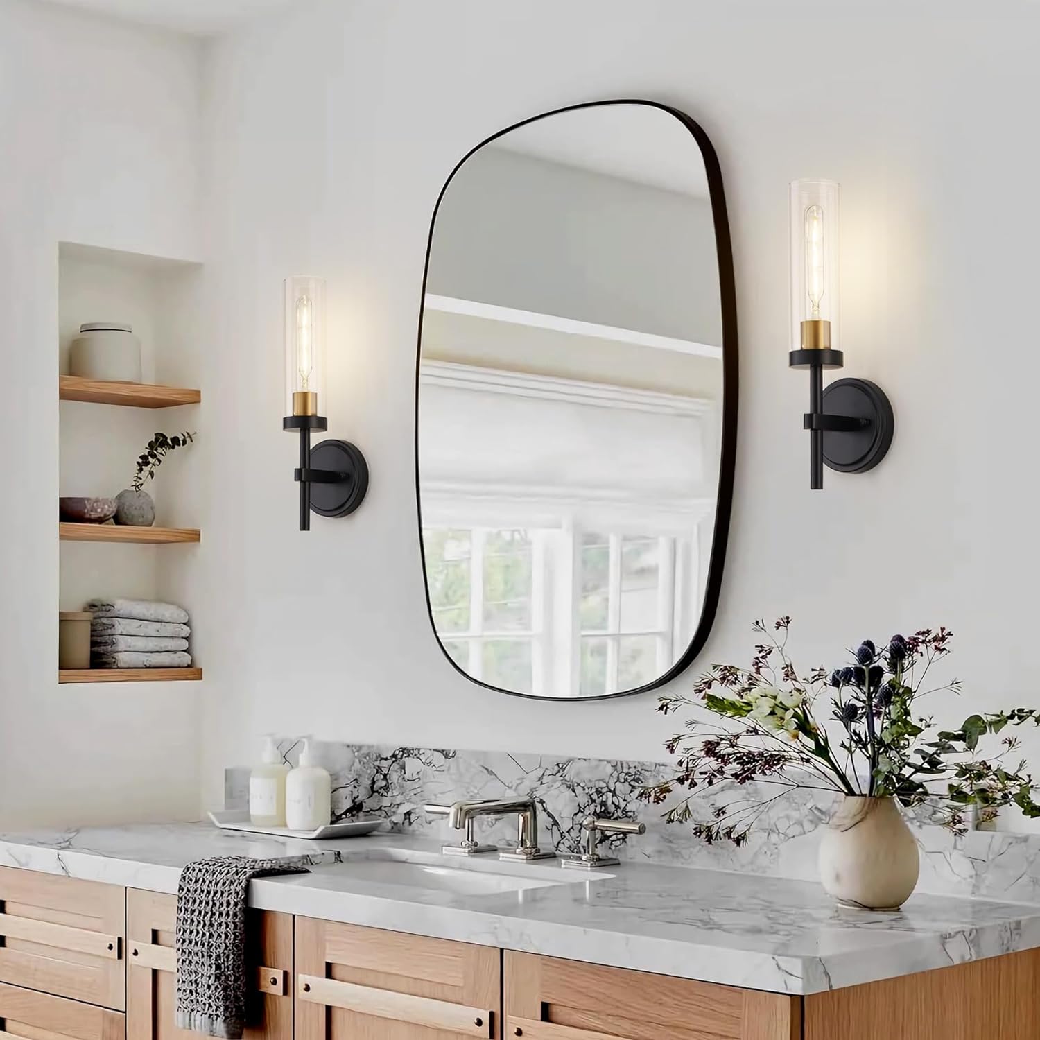 Black and Gold Hardwired Wall Sconces Set of 2, Modern Bathroom Vanity Sconces Wall Lighting with Clear Glass Shade, Farmhouse Wall Mount Lights for Mirror Bedroom Living Room Hallway Kitchen