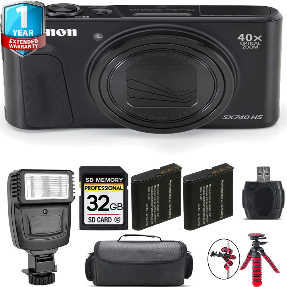 Canon PowerShot SX740 HS Digital Camera (Black) + Extra Battery + 1 Yr Warranty + 32GB