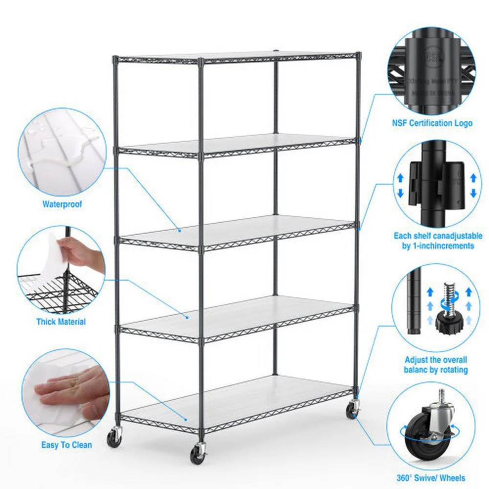 5 Tier 6000lbs Heavy Duty Adjustable Storage Rack Metal Shelf Wire Shelving Unit with Wheels & Shelf Liners - 82